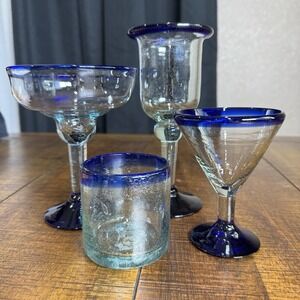 4pc Assorted Mexican Hand Blown Cobalt Blue Glasses Margarita Daiquiri Dessert